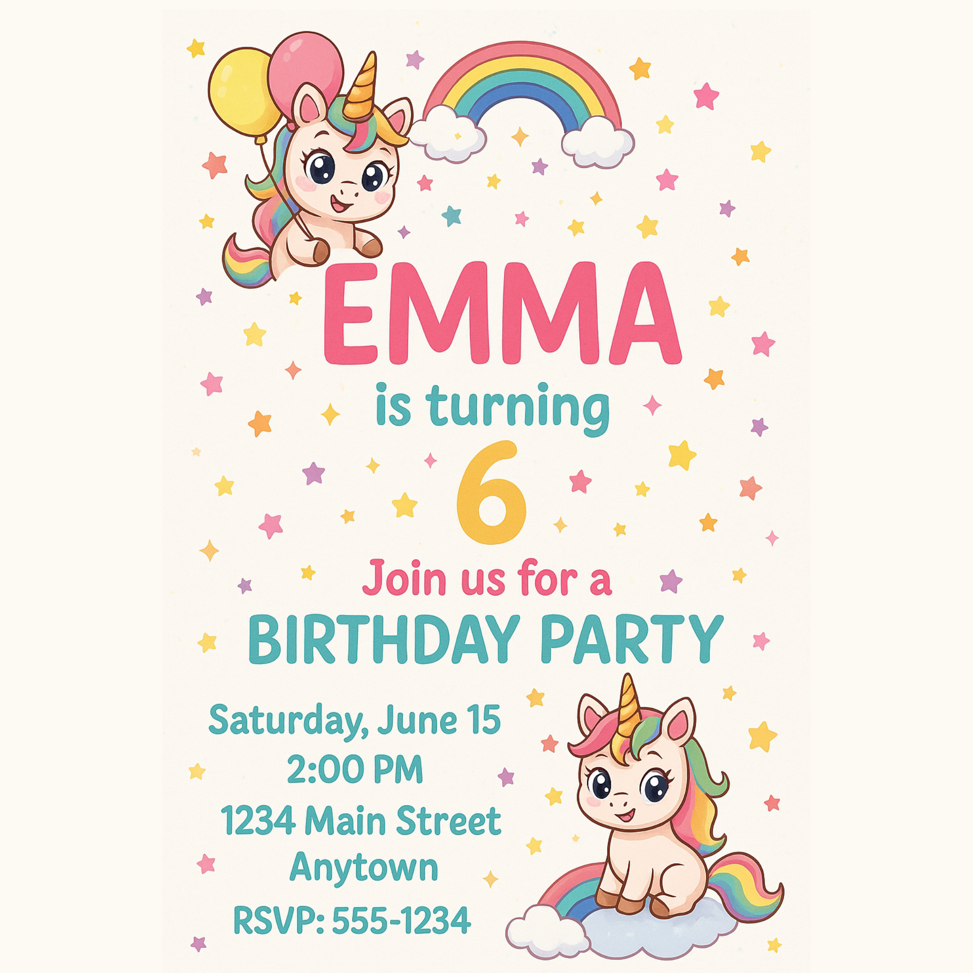 Unicorn birthday invitation template preview