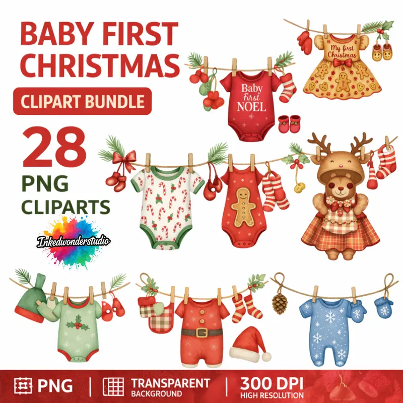 Magical baby first Christmas winter clipart preview for invitation cards