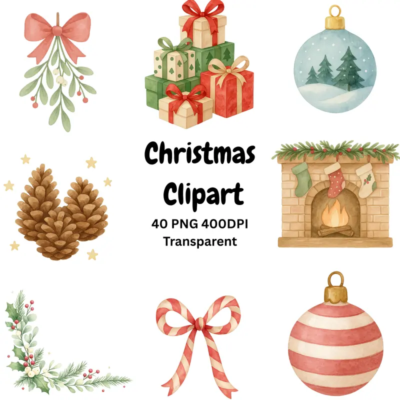 Festive watercolor cliparts for Christmas cards, holiday invitations, printable gifts, branding and cozy social designs.
